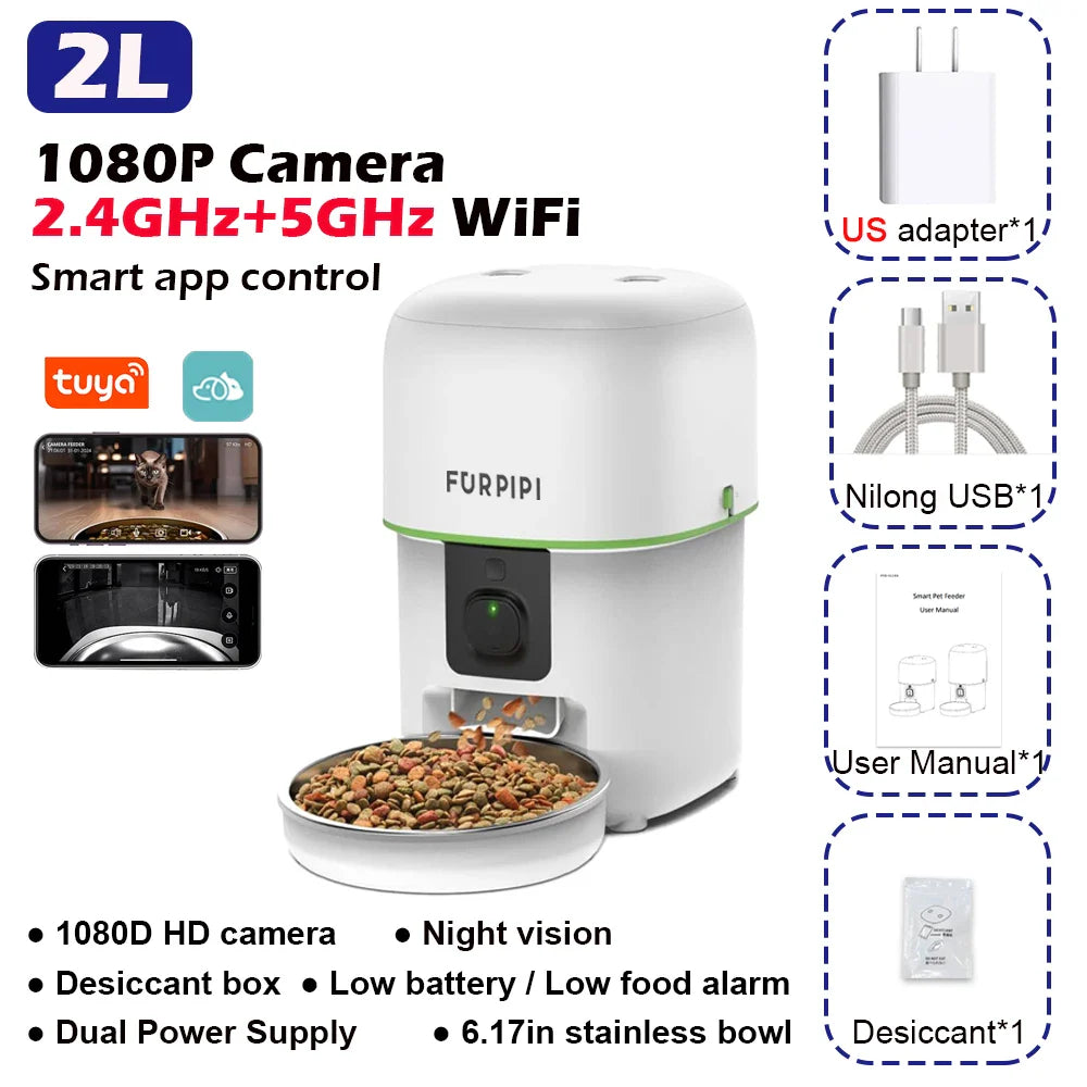 2L White Smart Pet Feeder with 1080P Camera and WiFi