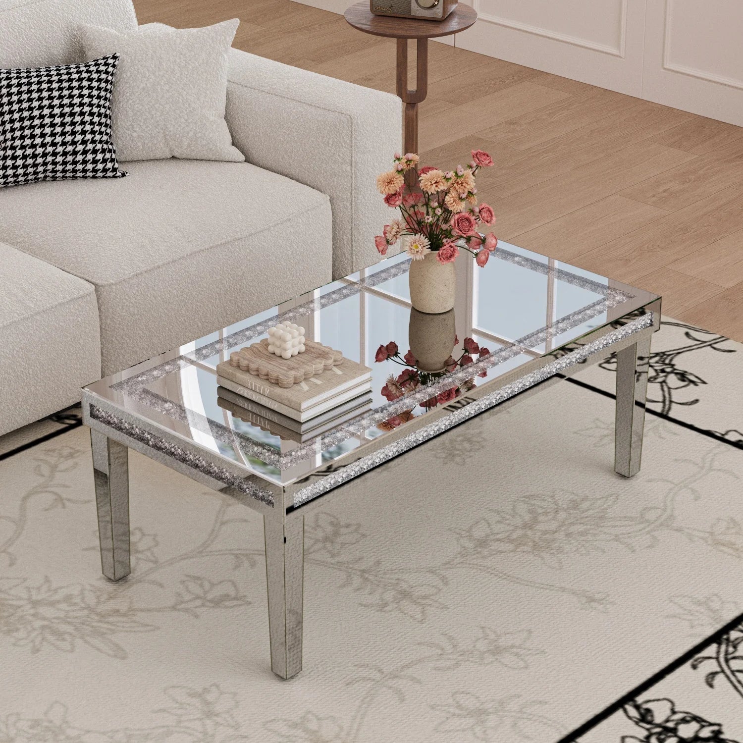 120cm Rectangular Mirrored Coffee Table with Crystal Inlay – Silver Accent Centrepiece