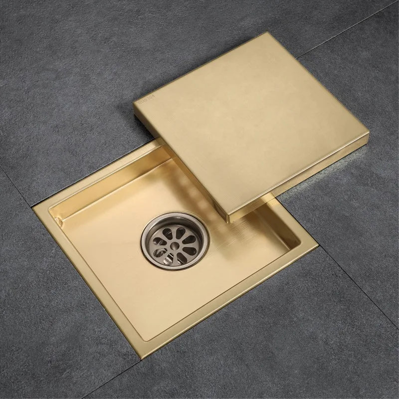 15x15cm Hidden Bathroom Floor Drain, Brushed Gold Finish