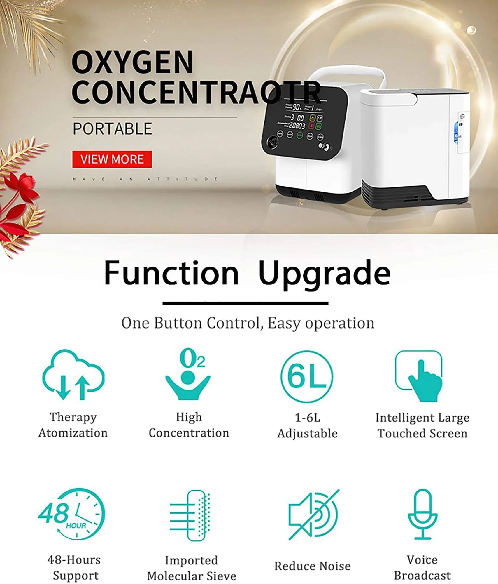 Portable 7L Oxygen Concentrator with 24H Continuous Flow