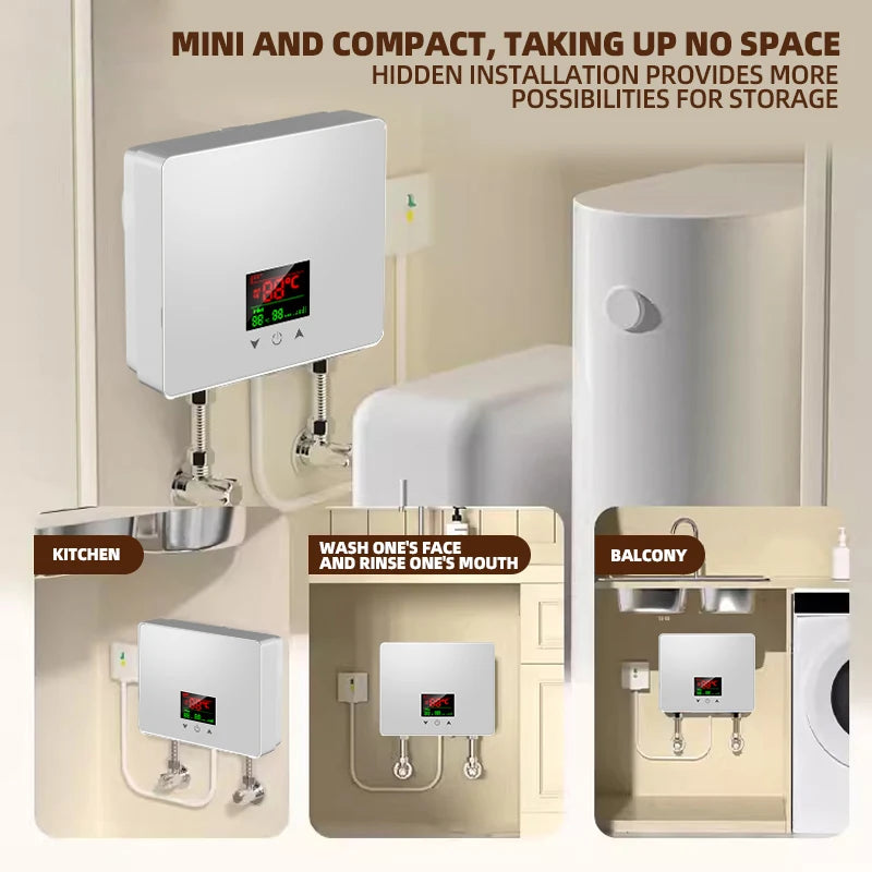 Compact Electric Water Heater for Bathroom & Kitchen, Adjustable Temperature