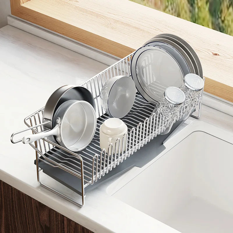 Compact Dish Drying Rack with Tray for Kitchen Organization