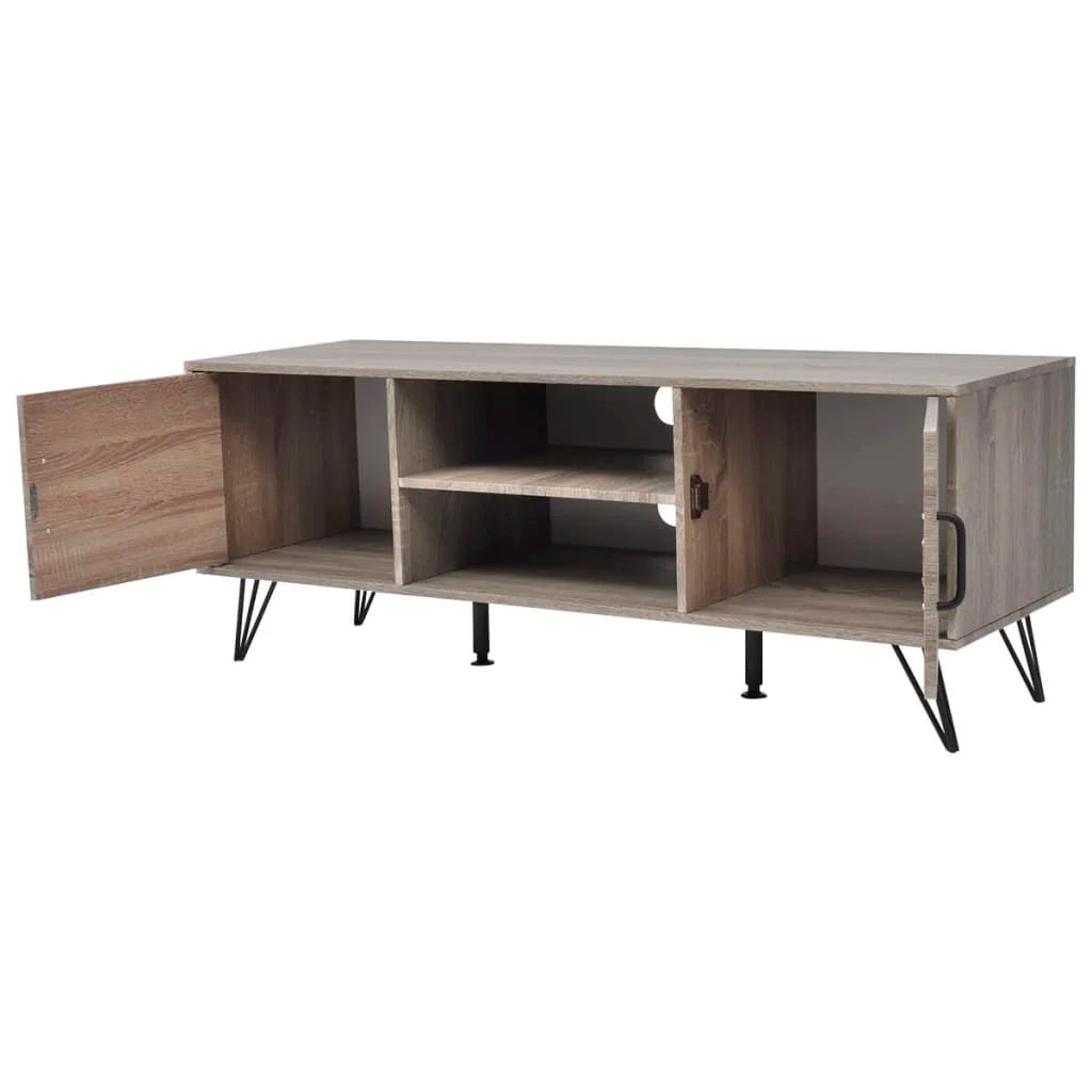 120cm Entertainment Unit – Grey MDF TV Stand with Doors, Open Shelves & Steel Legs