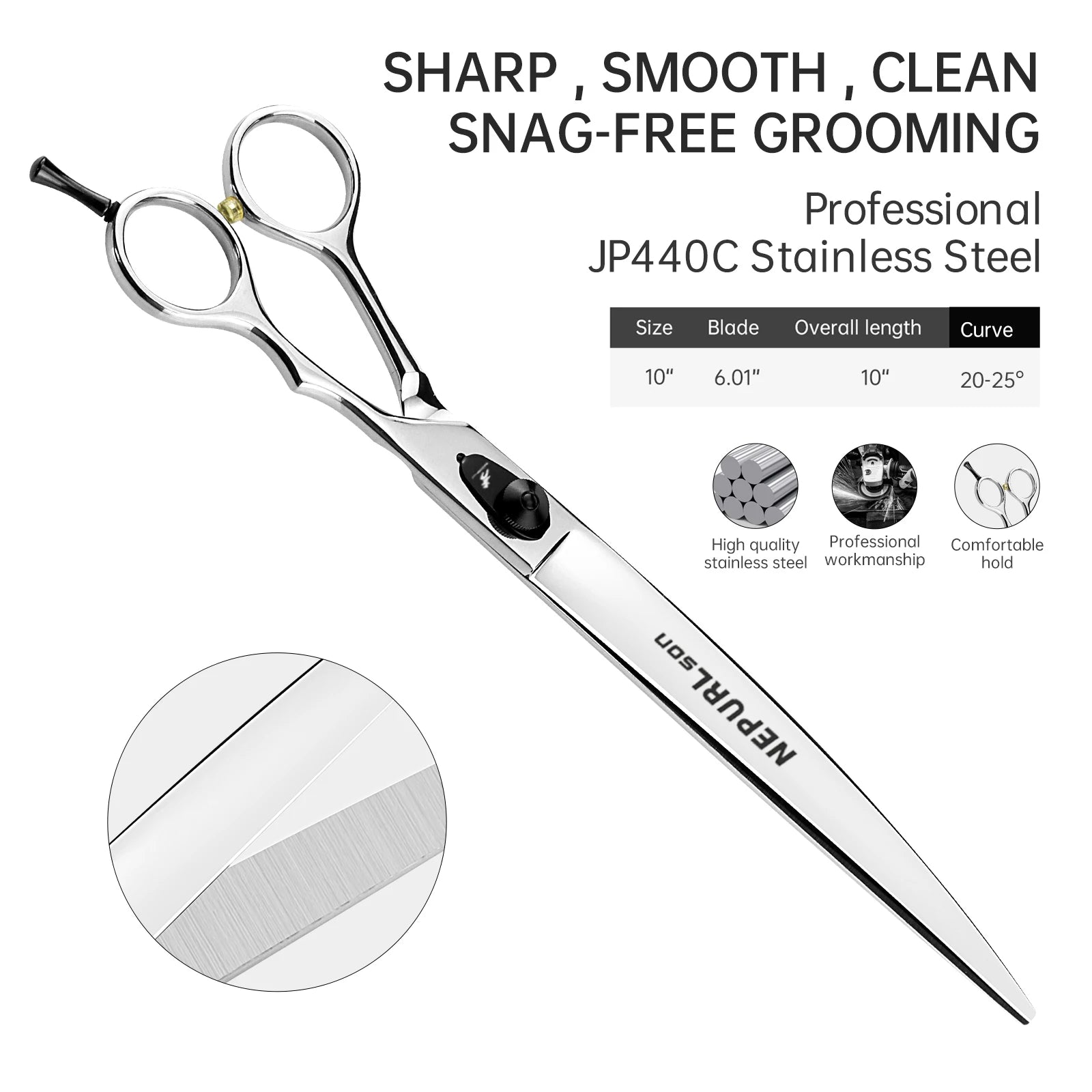 Professional 10-Inch Straight Pet Grooming Scissors Polished Silver, 440C Steel Blades