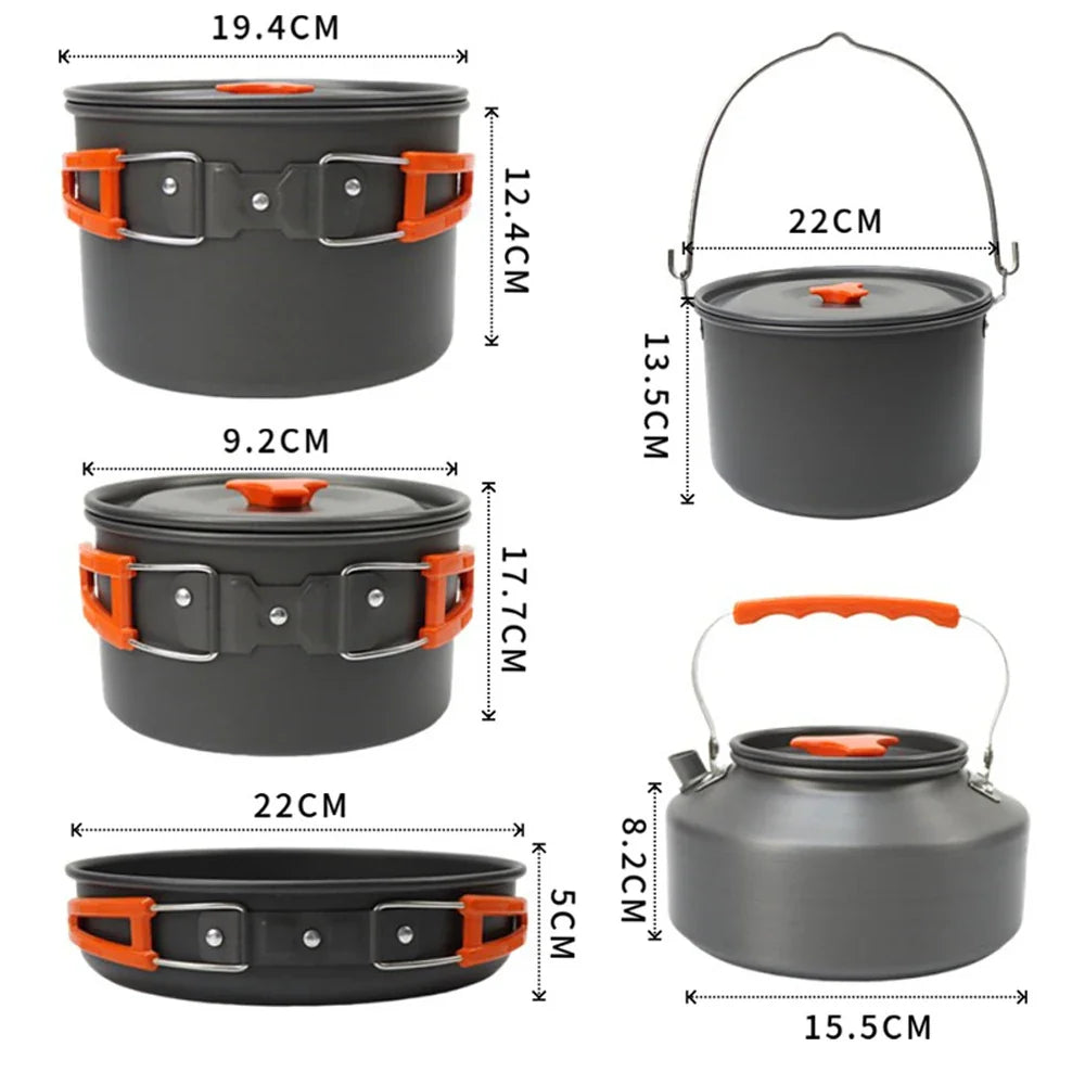 Portable Camping Cookware Set with Kettle, Pots, Utensils, Tableware