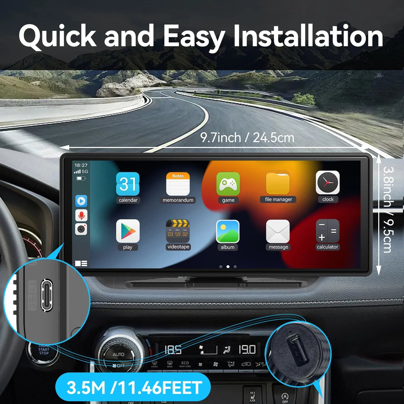 10.26" Portable Wireless CarPlay & Android Auto Screen with Touch Display Dual Camera 64G Card