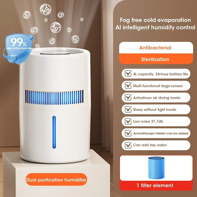 4L Rechargeable Filtered Air Humidifier Fog-Free Humidification with Auto Shut-Off for Home Use