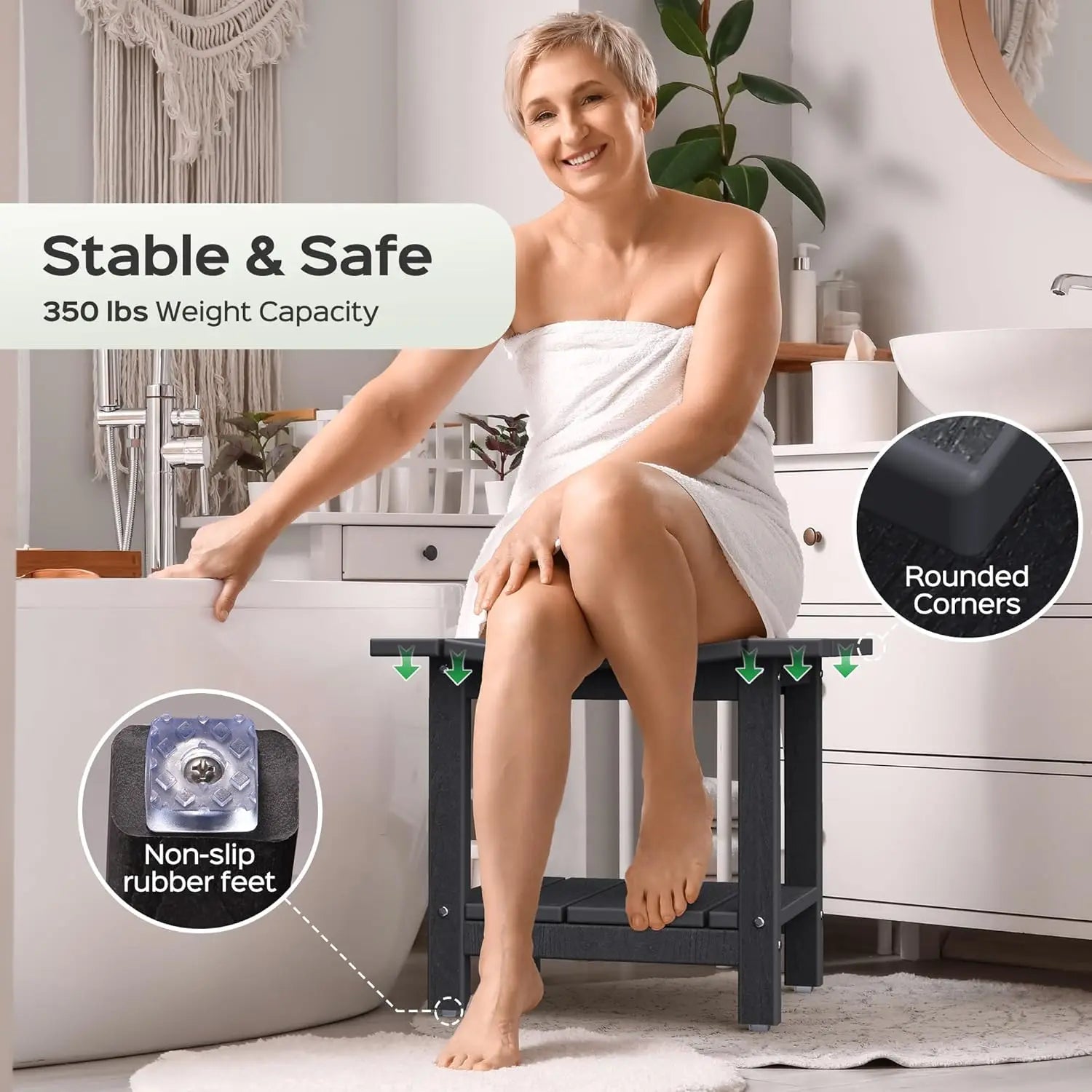 Bathroom Shower Seat 18.5" with Non-Slip Feet & Shower Head Holder Supports 350lbs