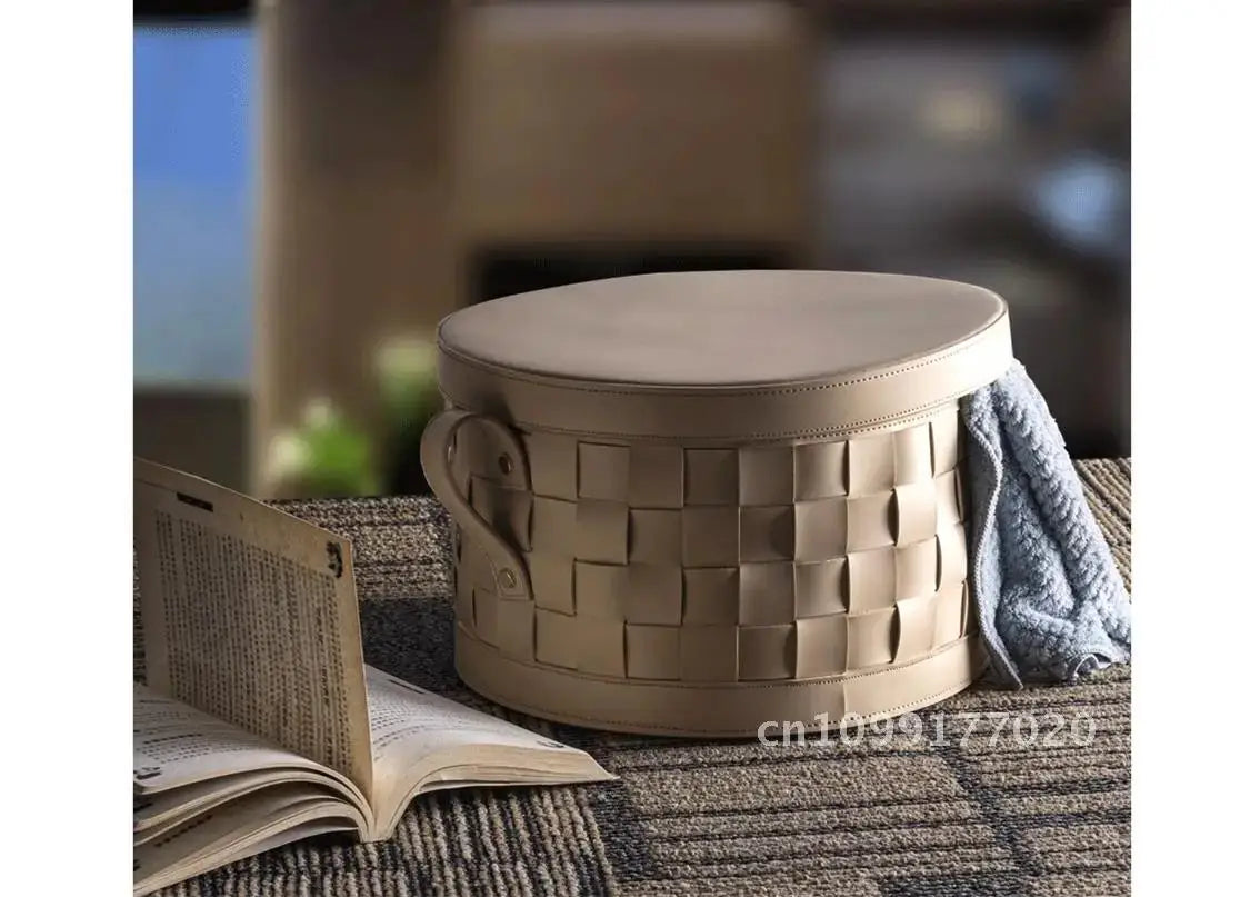 12L Leather Woven Storage Basket Round, Foldable & Soft Interior style4