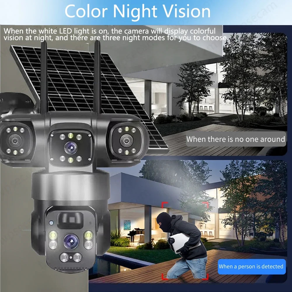 Outdoor Wireless Solar Camera 15MP 3-Lens, 4G/WiFi, PTZ Rotation, Two-Way Audio