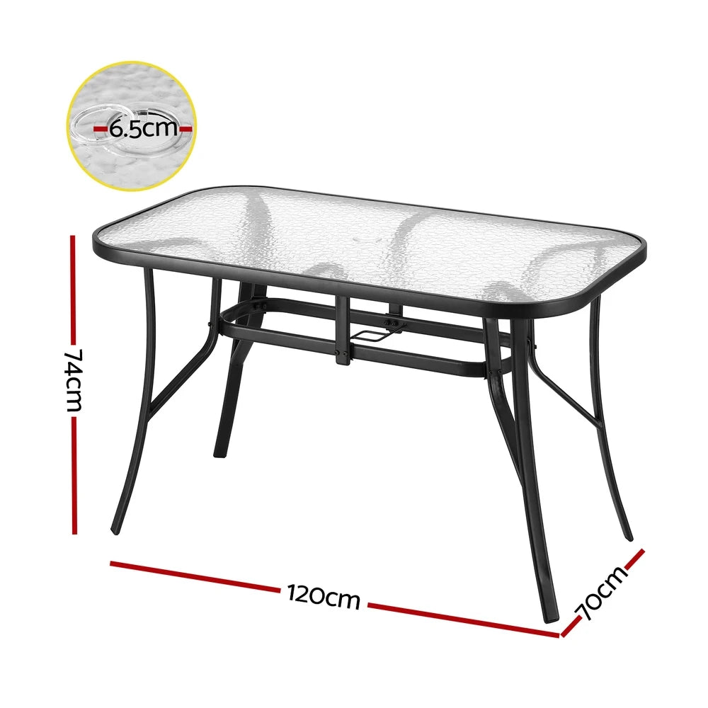 Outdoor Glass Dining Table 120cm with Parasol Hole & Anti-Slip Feet – Black