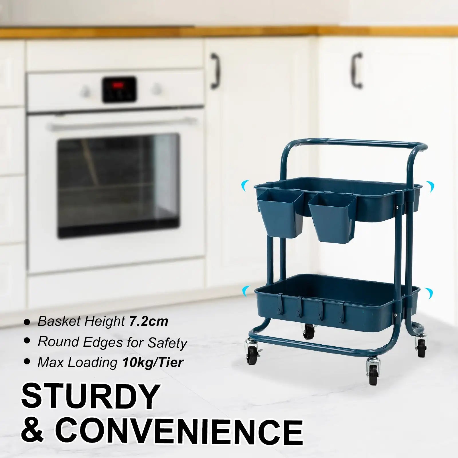 Portable 2-Tier Storage Trolley Cart – Swivel Organizer Shelf for Kitchen & Bathroom (Blue)