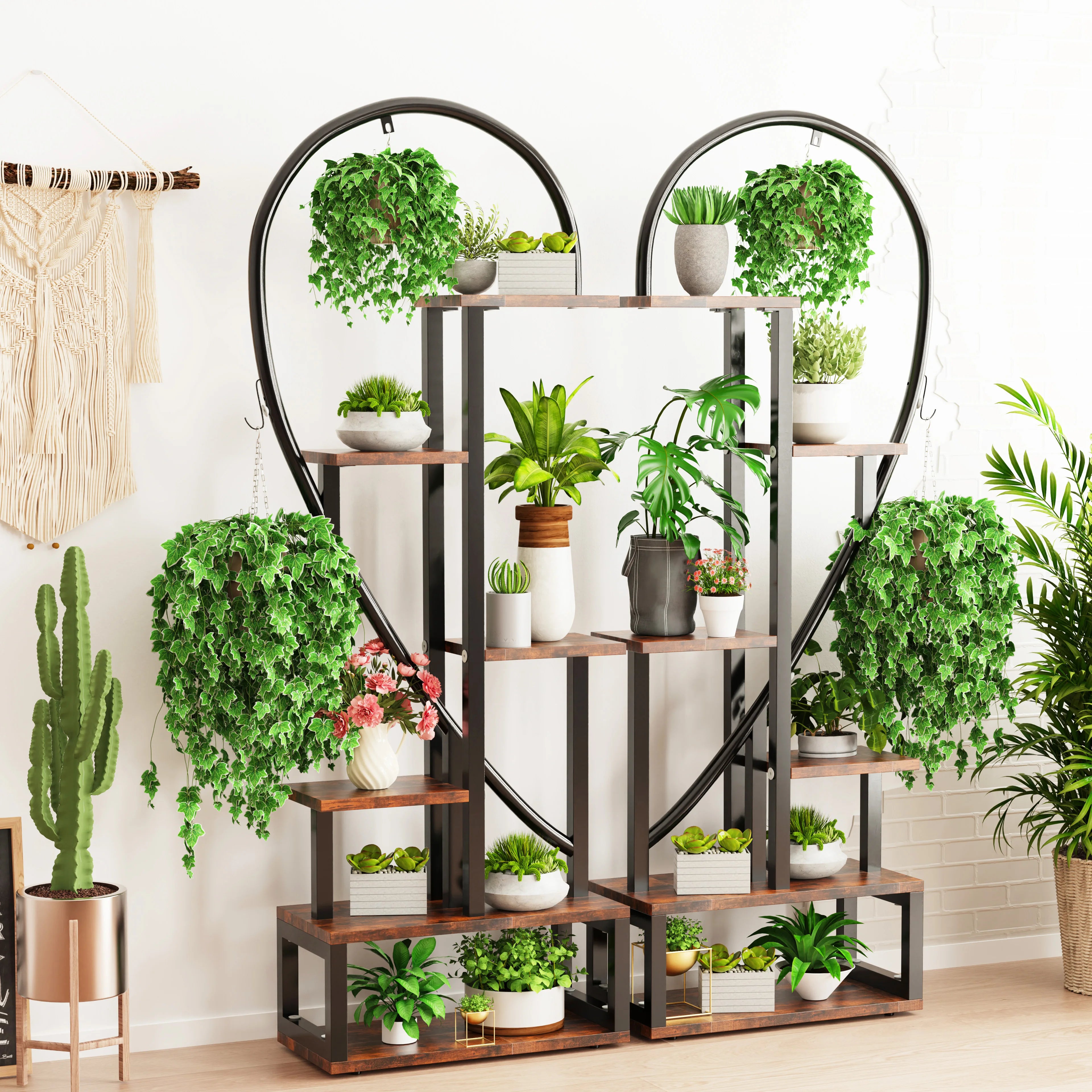Black Multi-Tier Plant Rack Convertible Heart-Shaped Indoor/Outdoor 2-Piece Display Shelf Set