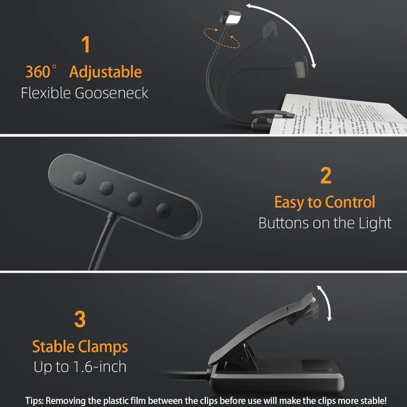 Portable 3-Mode USB Rechargeable Clip-On Book Light