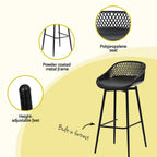 2x Outdoor Bar Stools – Black Polypropylene Seat with Metal Frame & Footrest