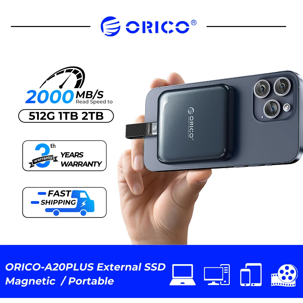 1TB Portable SSD with Magnetic Mount – USB-C 20Gbps for iPhone 15 Pro 4K Video Recording