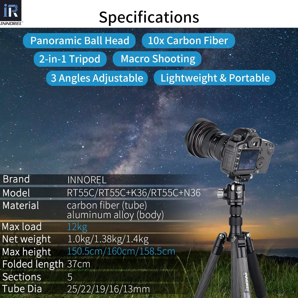 10-Layer Carbon Fiber Tripod, 161cm, 12kg Load, 2-in-1