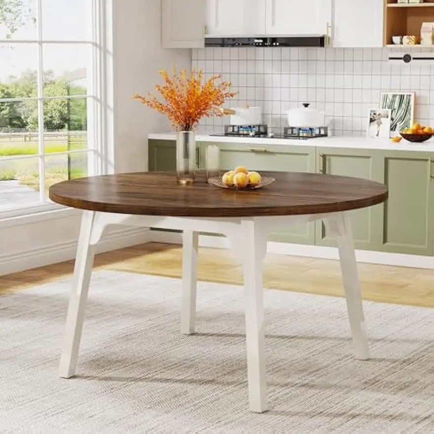 47-Inch Round Kitchen Table with Solid Wood Legs Rustic Brown & White