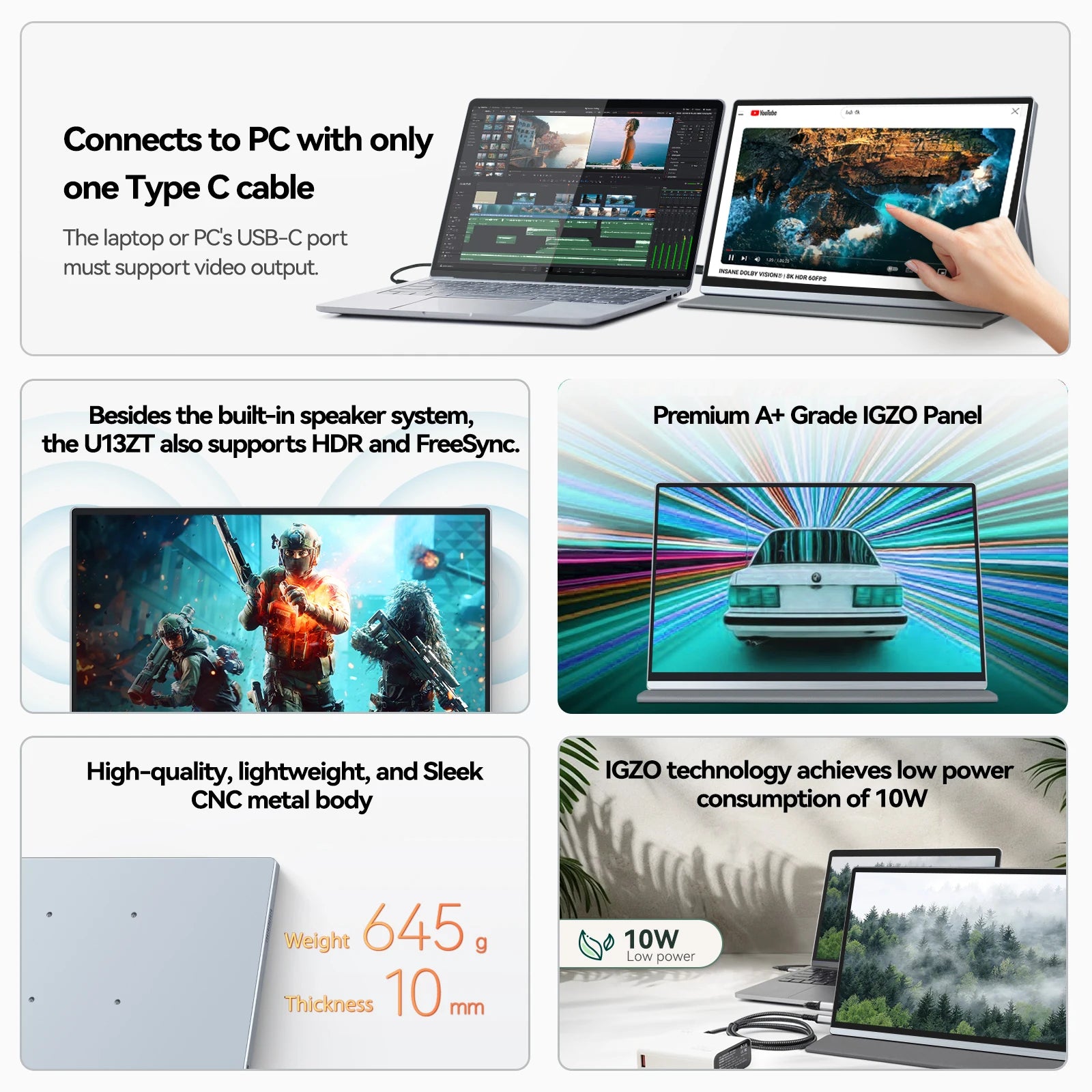 13.4 Inch 4K Touchscreen Portable Monitor 500nits
