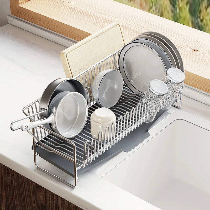 Compact Dish Drying Rack with Tray for Kitchen Organization