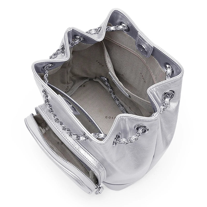 Silver Convertible Drawstring Backpack Purse – PU Leather Street Style