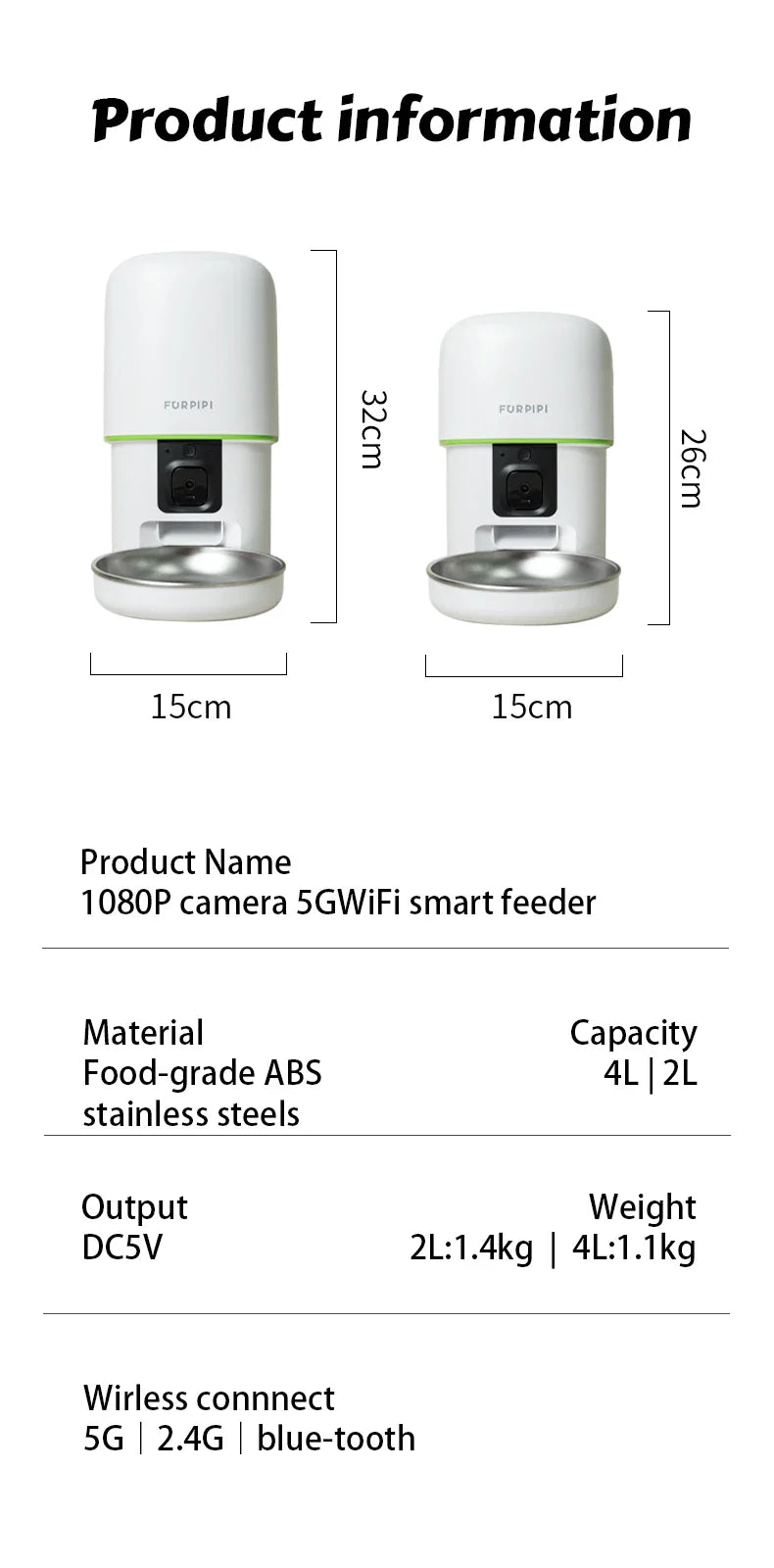 2L Black Auto Pet Feeder with 1080P Camera and WiFi