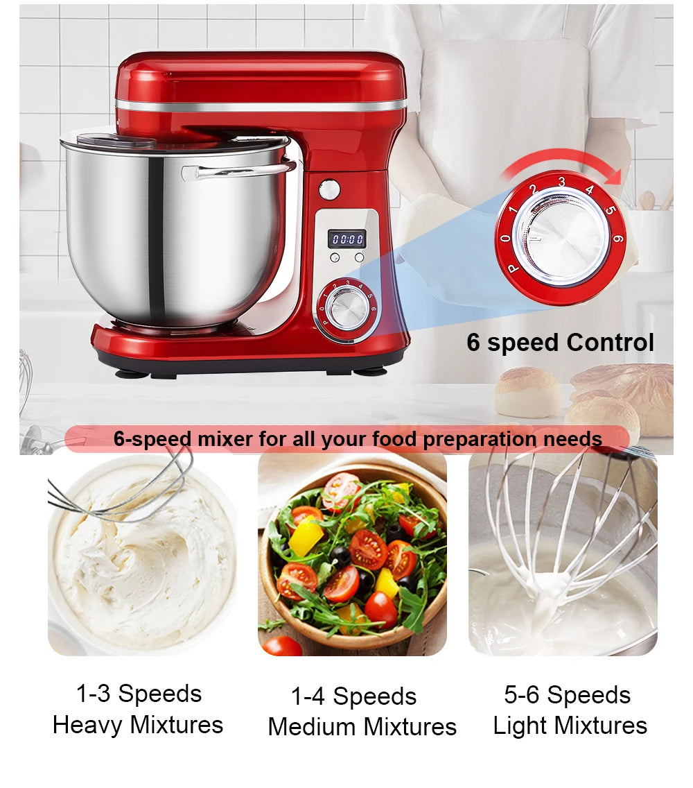 Red 1200W Kitchen Stand Mixer 6L, 6-Speed, Quiet Motor