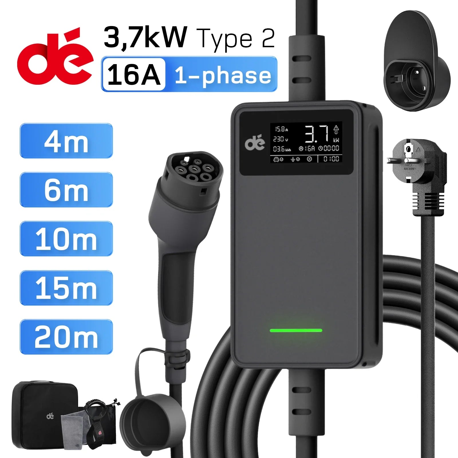 Smart Adjustable 3.7kW EV Charging Cable for Home