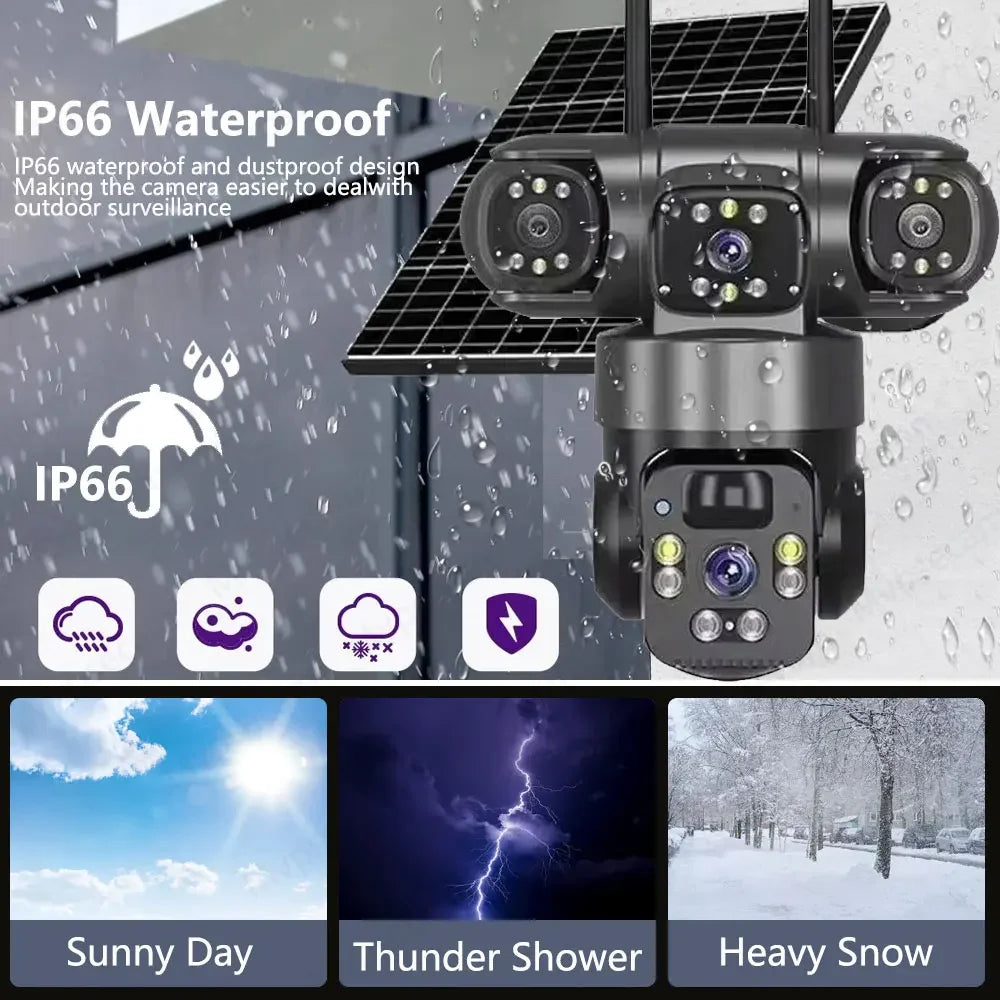 Outdoor Wireless Solar Camera 15MP 3-Lens, 4G/WiFi, PTZ Rotation, Two-Way Audio