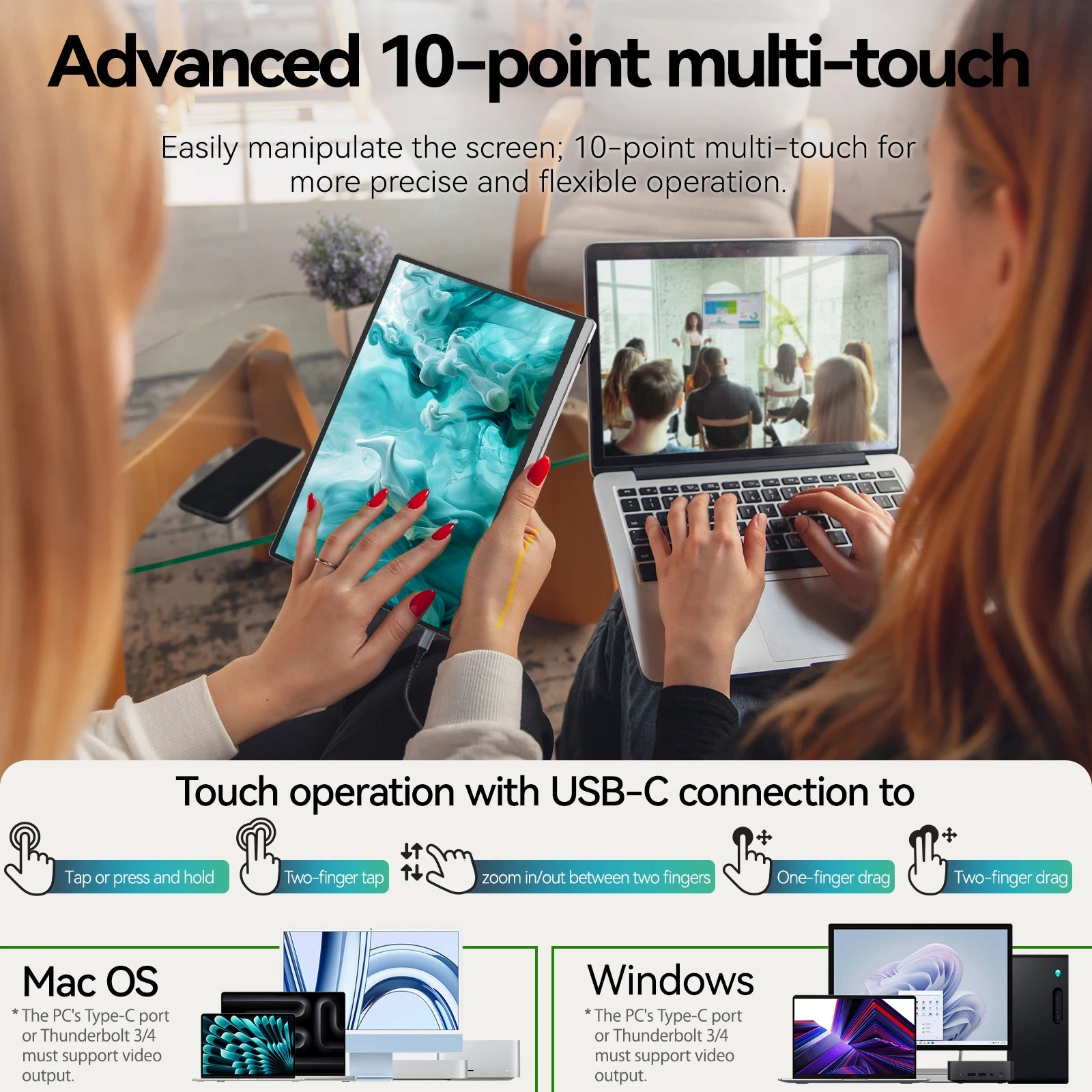 13.4 Inch 4K Touchscreen Portable Monitor 500nits