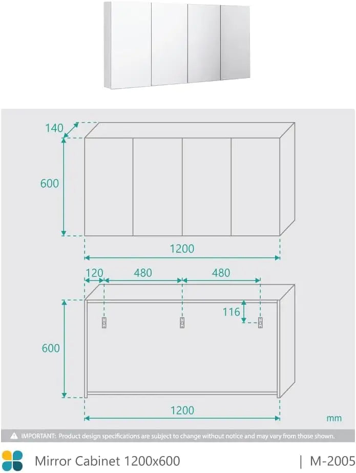 1200x600mm 4-Door Wall Mounted Bathroom Mirror Cabinet with Storage