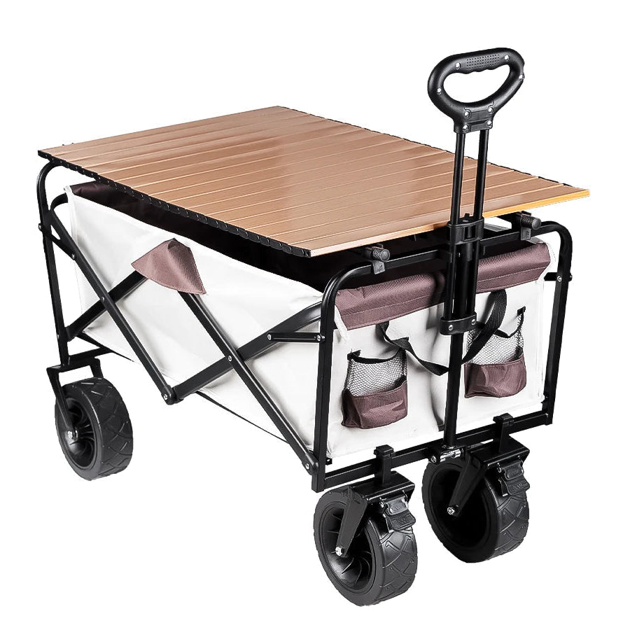 Heavy-Duty Folding Outdoor Wagon with Built-In Table & Tank Wheels – STC8-3-Mika-Table (Beige Brown)