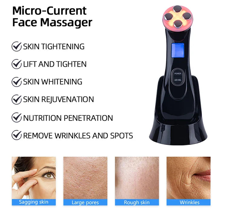 Microcurrent LED Facial Device with 6 Light Modes in Black with Box