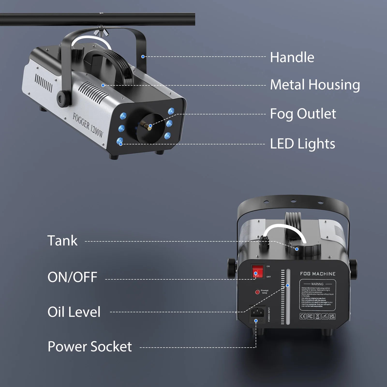 1200W Fog Machine with RGB LED Lights and Wireless Remote for Stage or Party Use