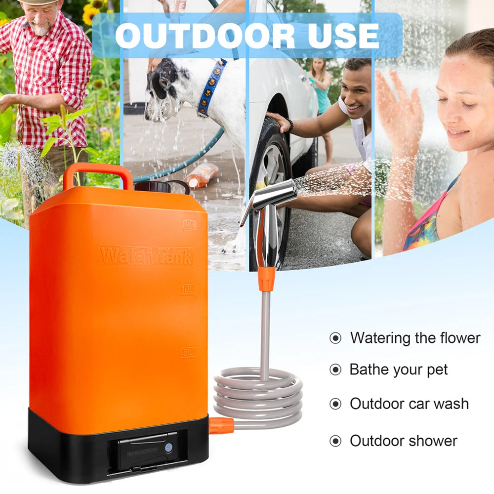 16L Portable Electric Shower for Camping IPX6 Pump with USB Recharge & Long Hose