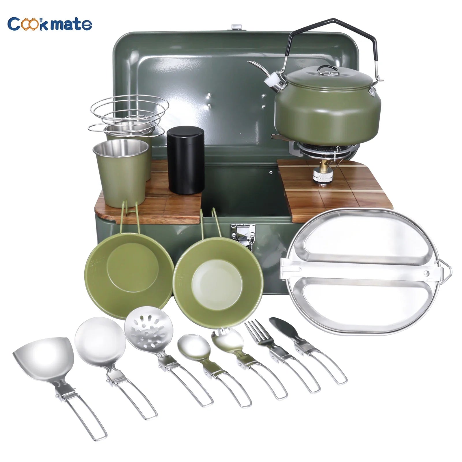11-Piece Portable Camping Cookware Set with Tea Pot & Stove