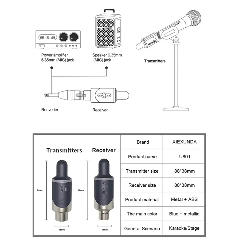 Portable UHF XLR Mic Adapter – 48V, 6-8hr Battery
