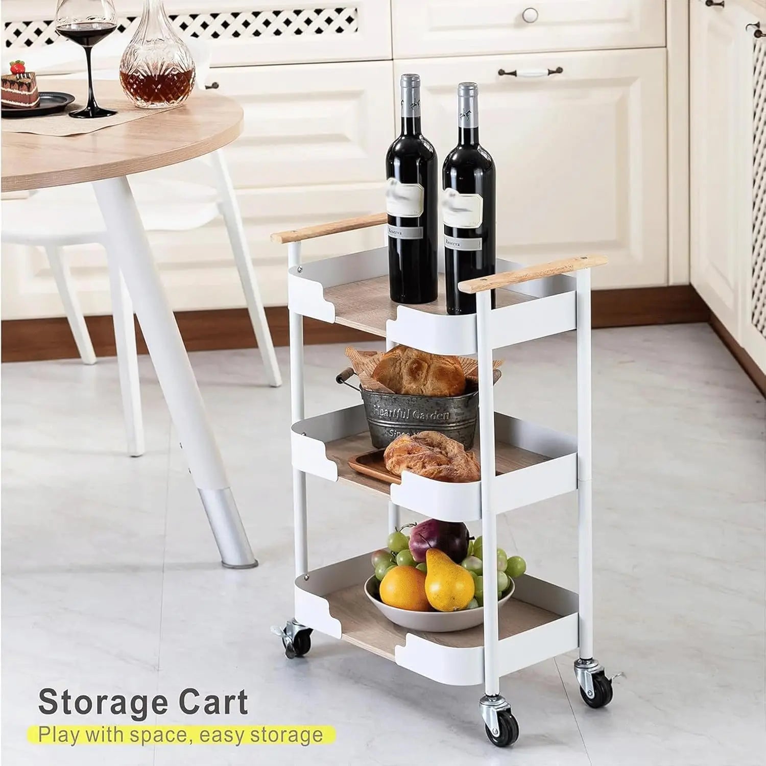 3-Tier Carbon Steel Movable Storage Trolley with Handle Heavy Duty Utility Cart for Home & Office