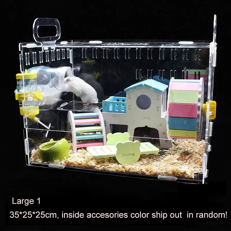 Transparent Hamster House with Accessories and LED Light – Beige
