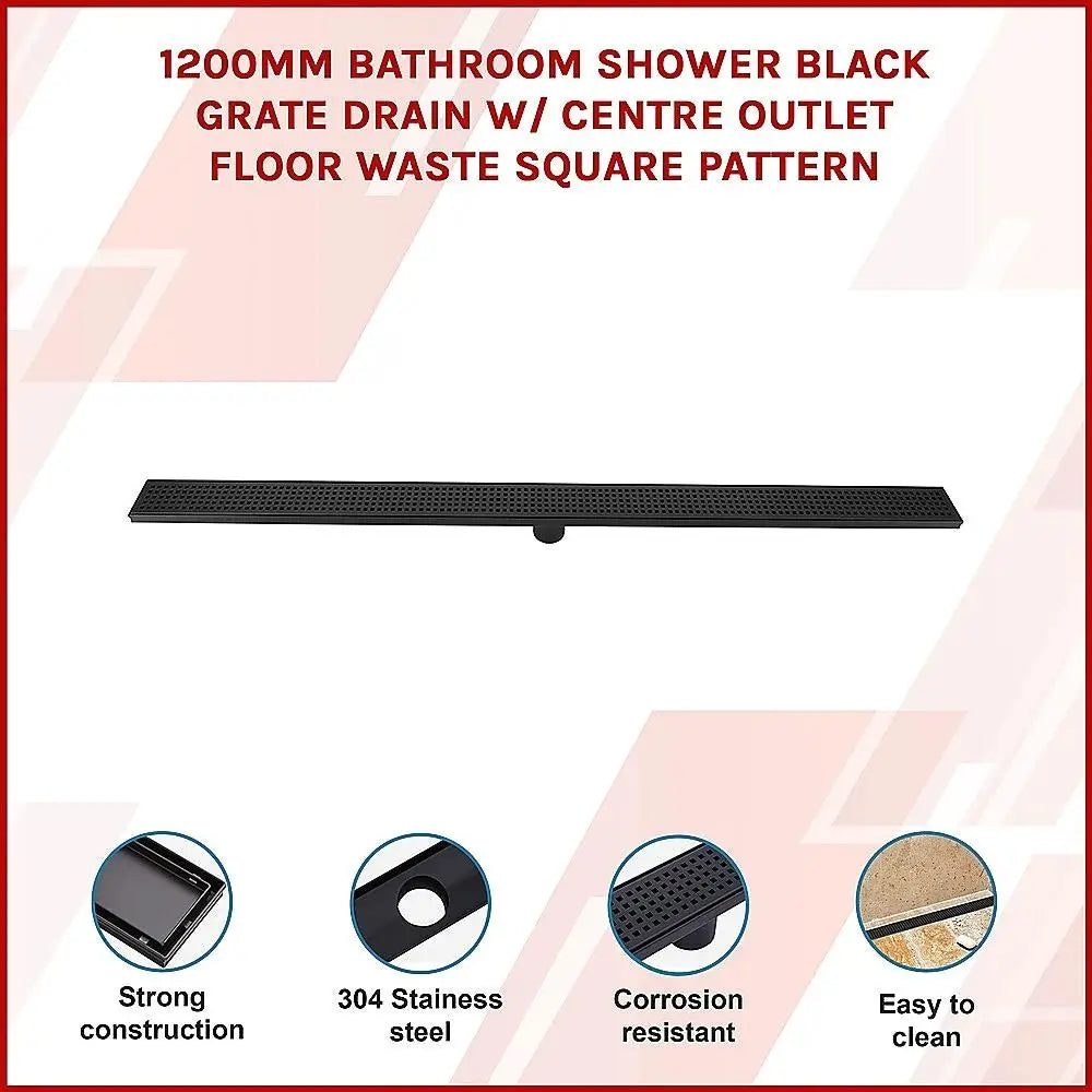 1200mm Black Stainless Steel Shower Drain with Center Outlet