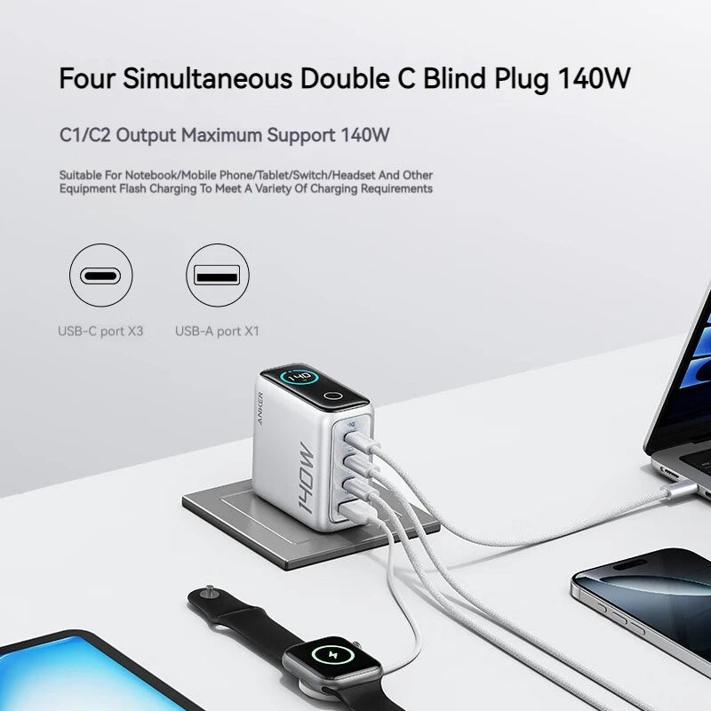 140W GaN Fast Charger with 4 USB-C Ports – Power Adapter for Laptops, Tablets & Phones