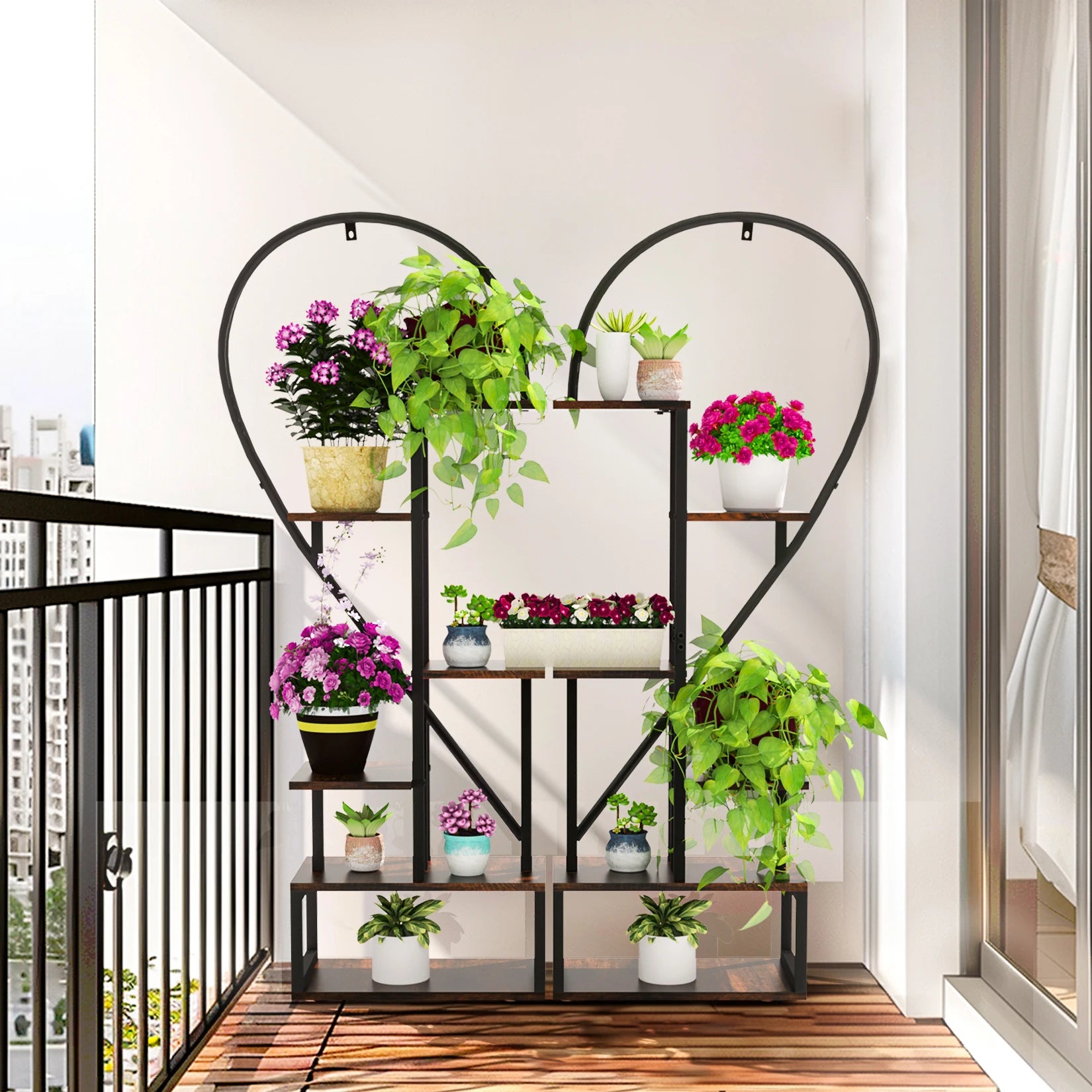 Black Multi-Tier Plant Rack Convertible Heart-Shaped Indoor/Outdoor 2-Piece Display Shelf Set