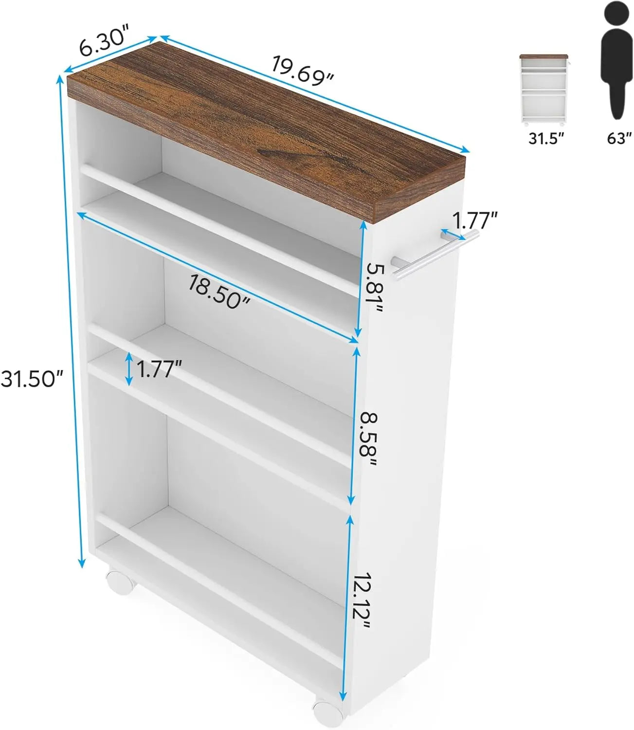 Slim Rolling Storage Cart with 3 Shelves and Lockable Wheels for Kitchen, Laundry and Bathroom White