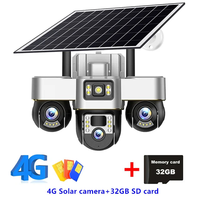 Outdoor 4G Rechargeable Solar Camera 15MP HD Triple Lens with Motion Tracking & Zoom