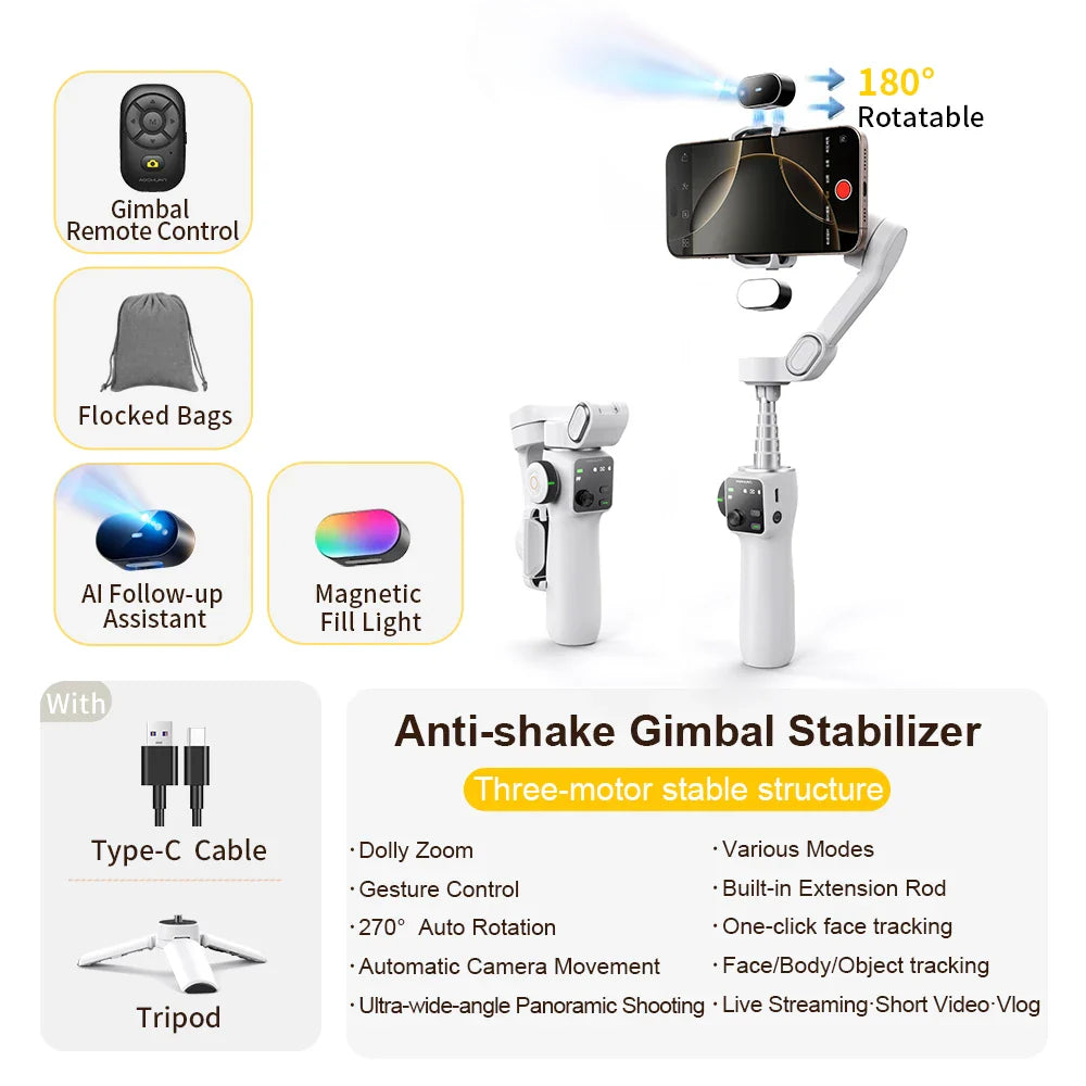 Portable 3-Axis Smartphone Gimbal with Extension Rod