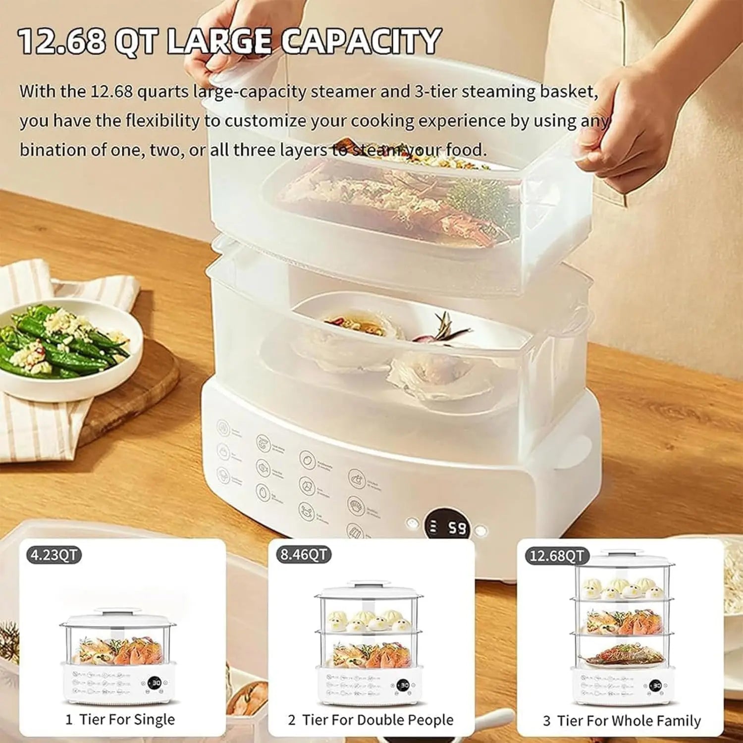 12L Multi-Tier Steam Cooker for Dumplings, Vegetables & Rice with Auto Shut-Off