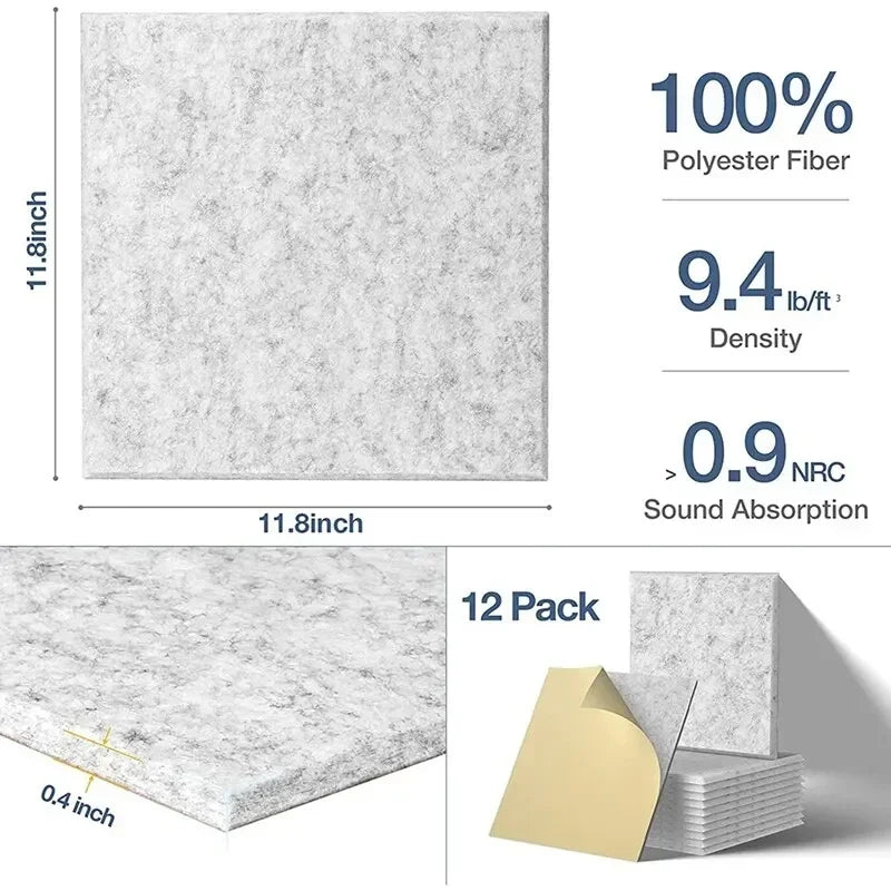 12pcs Self-Adhesive Acoustic Wall Panels Square Soundproof Foam Tiles, Gray