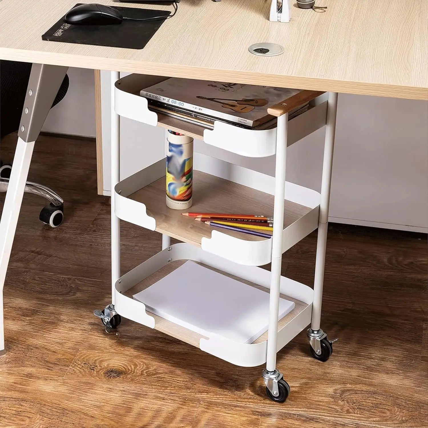 3-Tier Carbon Steel Movable Storage Trolley with Handle Heavy Duty Utility Cart for Home & Office