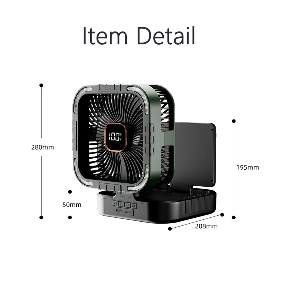 Rechargeable Outdoor Camping Fan with Lantern, 10000mAh Battery & Solar Panel
