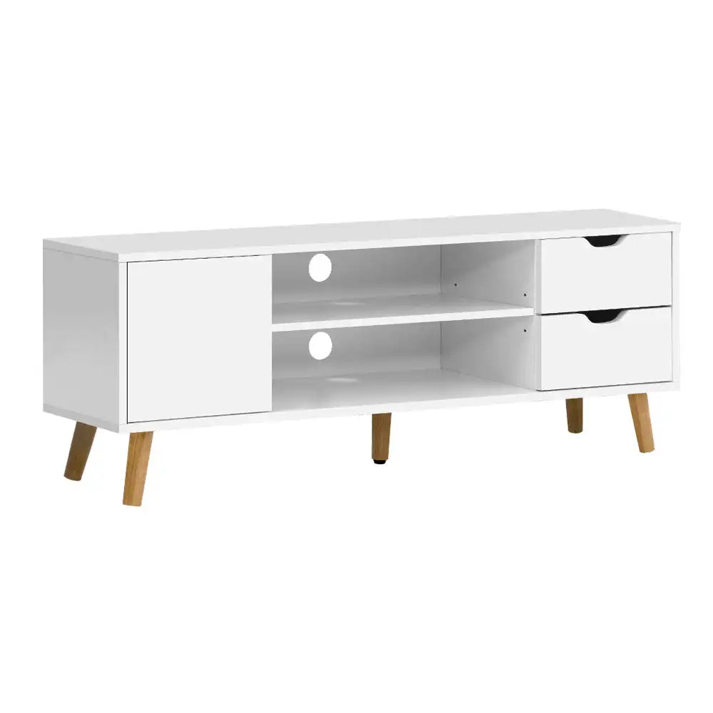 120cm Scandinavian TV Cabinet Entertainment Unit with Drawers & Shelves – White Wood Finish
